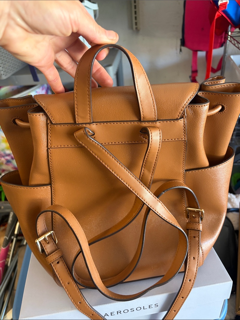 AEROSOLES Caramel Tan Faux-Leather Women's Backpack Tote